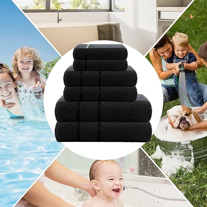 CASA COPENHAGEN Eternal 6 Pieces Towel Set- Dark Black, 500 GSM 2 Bath Towel 2 Hand Towel 2 Washcloth, Designed in Denmark Made of Soft Egyptian Cotton for Bathroom, Kitchen & Shower