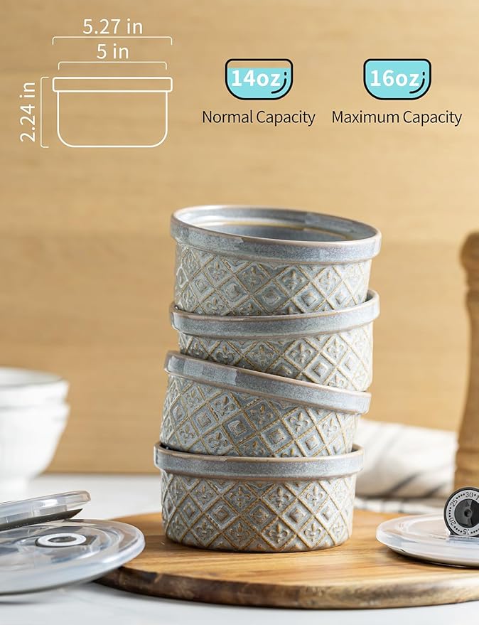 16 oz Ramekins with Lids Oven Safe, Ceramic Ramekins for Creme Brulee, Embossed Pudding Custard Ramekin for Baking Souffle, Porcelain Baking Bowls Set of 4, Gray