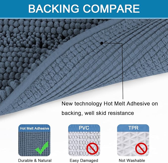 H.VERSAILTEX Bathroom Rug Sets 2 Piece Bath Mats Non Slip Thick Soft Chenille Striped Bath Rug achine Washable Shower Floor Rugs for Tub, Shower and Floor (Blue Indigo, 47" x 17"/17" x 24")