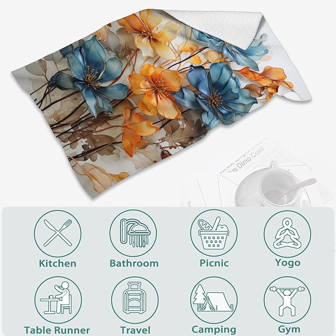 Colorful Abstract Teal Flower Cotton Towels - Set of 2 Soft Kitchen & Bathroom Hand Towels - 14"X28"