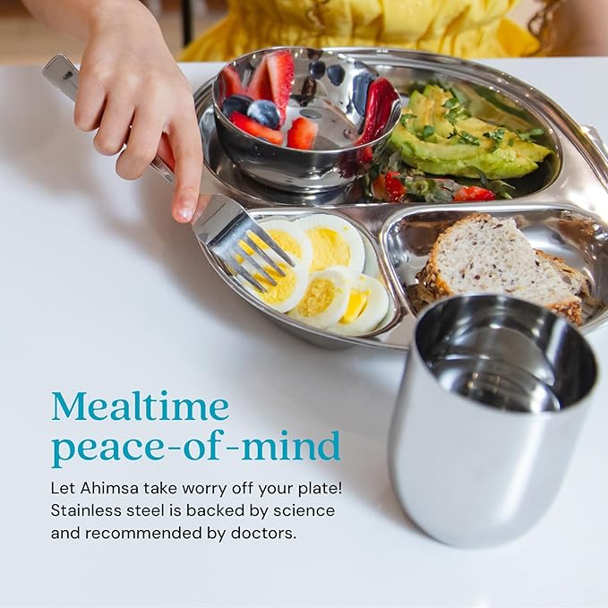 Ahimsa Stainless Steel Kids Dinnerware Set, Pediatrician Designed, 5 Piece Toddler Plates and Bowls Set, Stainless Steel Divided Plate, Cup and Kids Utensils