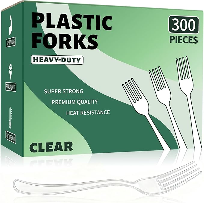 300 Count Clear Plastic Forks Disposable, Heavyweight Cutlery Sets Solid and Durable Plastic Silverware Utensils for Parties, Events and Everyday Use (Forks)