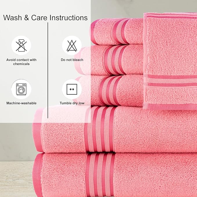 CASA COPENHAGEN Zero Twist, 6 Pieces Set 100% Cotton 0" Twist Towel Set- Pink, 600 GSM, 2 Bath, 2 Hand, 2 Washcloths Made from Egyptian Cotton, Ultra Soft Luxury Towels for Bathroom.