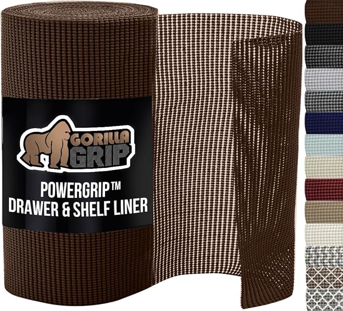 GORILLA GRIP powerGRIP Drawer Shelf and Cabinet Liner, Thick Strong Hold, Non-Adhesive Liners Protect Kitchen Cabinets and Cupboard, Bathroom Drawers, Easy Install, Breathable Mat, 12" x20', Chocolate