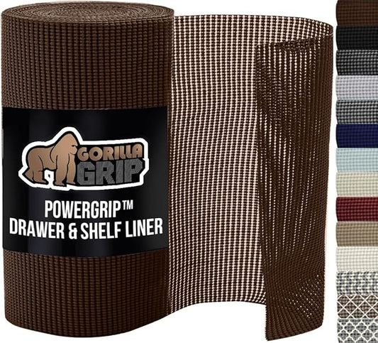 GORILLA GRIP powerGRIP Drawer Shelf and Cabinet Liner, Thick Strong Hold, Non-Adhesive Liners Protect Kitchen Cabinets and Cupboard, Bathroom Drawers, Easy Install, Breathable Mat, 17.5" x30', Brown