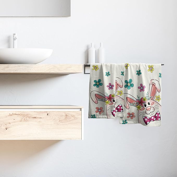 Imiss Funny Bunny Hand Towels Set of 2 - Cute Rabbit Colorful Floral Bathroom Towels 14.4 x 28.3 Inch Easter Decorative Hand Tea Dish Cloth for Kitchen Gym Spa Hotel