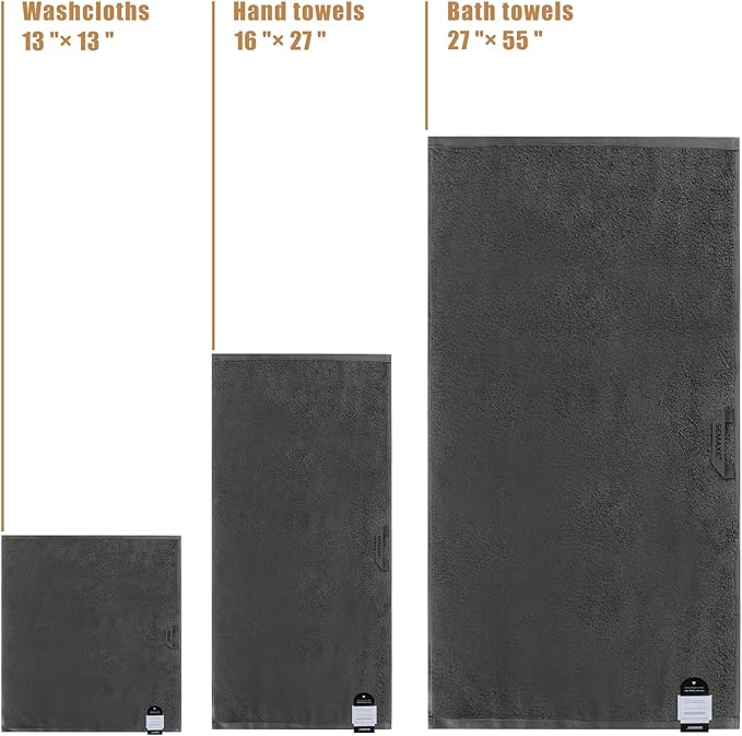 SEMAXE 18-Pack Bath Towel Set Include 6 Bath Towels, 6 Hand Towels, 6 Wash Cloths, 100% Cotton Bathroom Towels with Hanging Loops and Nano-Bio Lifecycle Labels, Soft & Absorbent Towel, Yellow & Grey