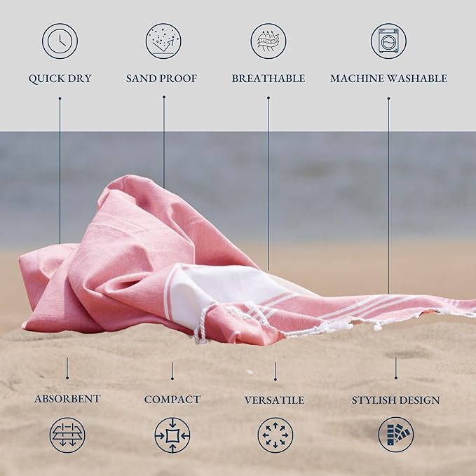 LANE LINEN Turkish Beach Towel Set of 4 - Beach Towels, Pre-Washed Pool Towel, Extra Large Beach Towel, Quick Dry & Sand Free, Absorbent Travel Towel, 39"x71" - Candy Pink