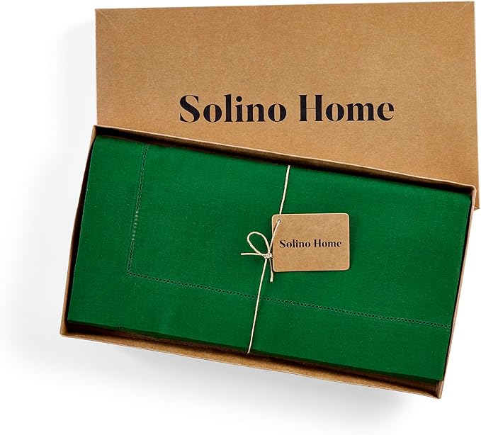 Solino Home Linen Tablecloth 52 x 52 Inch - 100% Pure Linen Garden Green Square Tablecloth - Classic Hemstitch, Machine Washable Table Throw for Winter, New Year