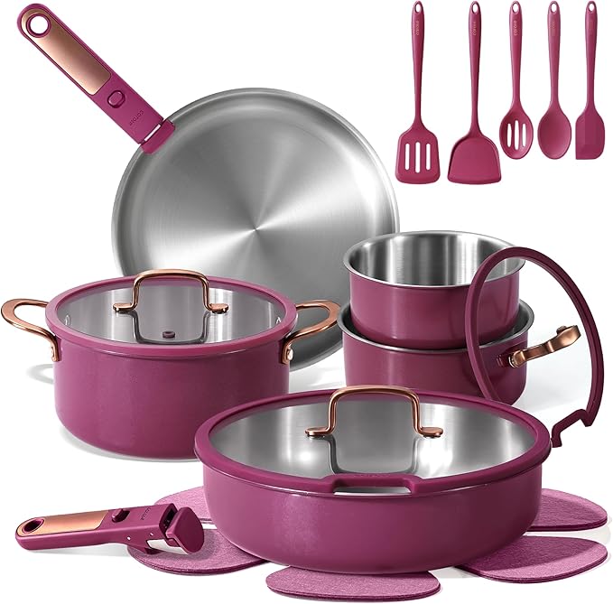 CAROTE 19pcs Tri-Ply Stainless Steel Cookware Set with Detachable Handle, Pots and Pans Set, Induction Kitchen Cooking Sets, RV/Camping Cookware, Outer Ceramic Layer, Oven Safe, Violet Purple