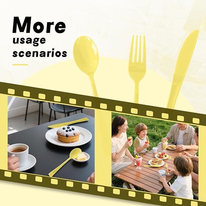 150 Pack Disposable Plastic Silverware, Heavy Duty Light Yellow Plastic Cutlery Set Includes 50 Forks 50 Knives 50 Spoons for Birthday Wedding Party Picnics (150, Light Yellow)