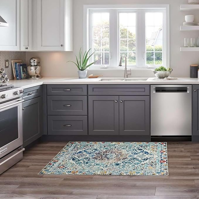 Easy-Going Boho Area Rug 2x3 Washable Entryway Rugs Front Door Mat Indoor Entrance Non-Slip Medallion Distressed Small Entry Rug for Living Room Bedroom Bathroom Lightweight Carpet, Vintage Multi