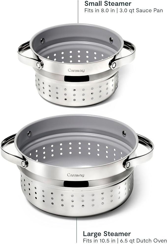 Caraway Steamer - Stainless Steel Steamer with Handles - Non Stick, Non Toxic Coating - Steam Veggies, Seafood, and More - Compatible With Our Dutch Oven or Sauce Pan - Large