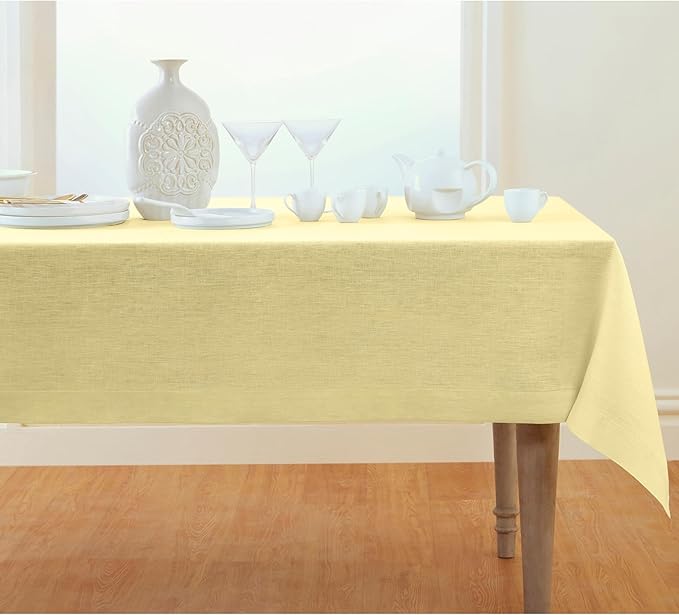 Solino Home Linen Tablecloth 52 x 52 Inch - 100% Pure Linen Square Table Throw - Athena, Machine Washable Chambray Yellow Tablecloth