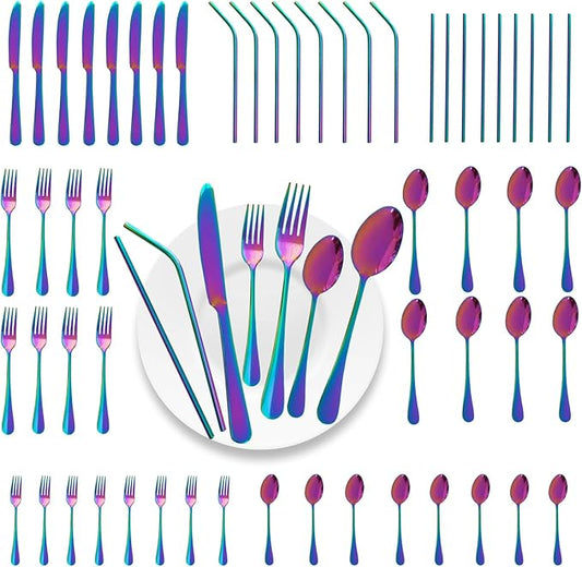 56 Pieces Mirror Rainbow Silverware Service for 8 Flatware Set Stainless Steel Utensils Cutlery Set Dishwasher Safe