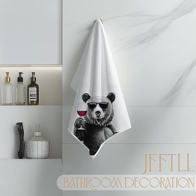 Funny Bear Wine Kitchen Towels, Black Bear Gifts Dish Tea Towels for Kitchen Decor, Bar Towel for Bartender Kitchen, Wine Lover Gift, 16x24 Inch