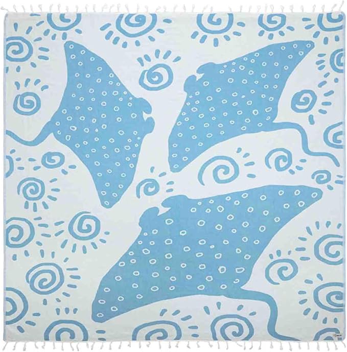 Sand Cloud Extra Large Turkish Beach Towel - Sand Free - 100% Organic Turkish Cotton Yarn - Quick Dry Towel for Beach, Picnic, Blanket or Bath - As Seen on Shark Tank - Marine Life (Manta Ray)