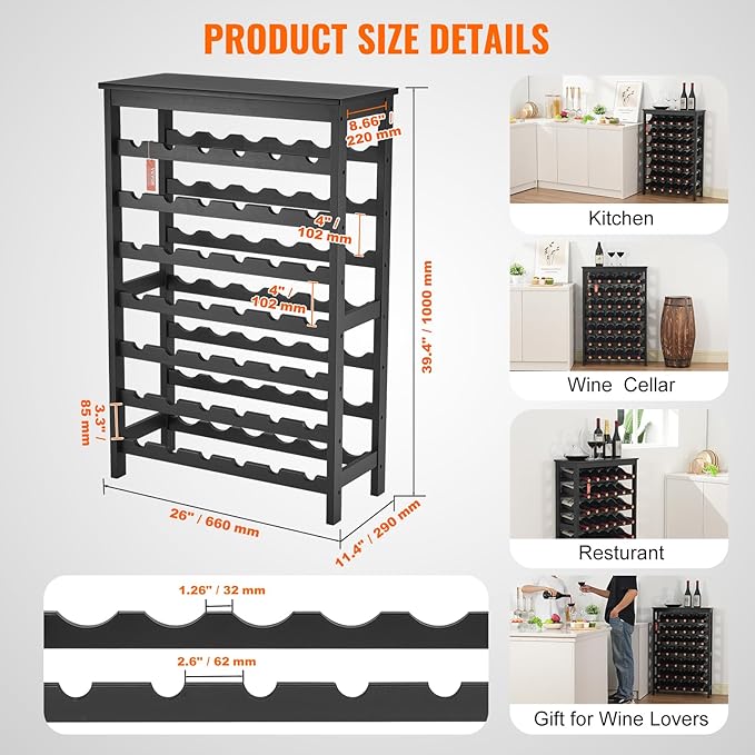 VEVOR 42 Bottle Modular Wine Rack, 7-Tier Solid Bamboo Wood Storage Racks with Table Top, Floor Freestanding Wines Holder Display Shelf, Wobble-Free Shelves for Kitchen, Bar, and Cellar (Black)