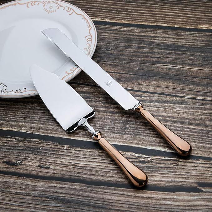 Wedding Cake Knife and Server Set,Rose Gold 18/10 Stainless Steel 2 Piece Dessert Set Pie Server Cake Cutter Knife for Birthday,Anniversary,Holiday,Baby Shower,Party