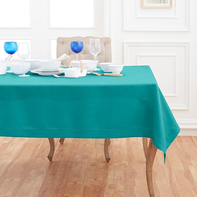 Solino Home Linen Tablecloth 54 x 72 Inch - Classic Hemstitch 100% Pure Linen Teal Table Cloth for Rectangle Tables - Machine Washable Tablecloth