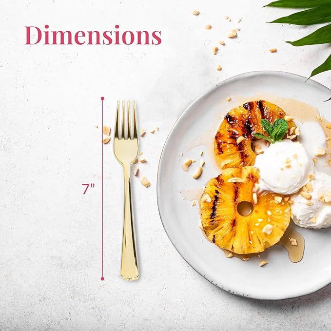 Prestee 100 Count Plastic Forks - 7" Heavy Duty Gold Plastic Silverware Utensils - Elegant, Disposable Gold Forks for Weddings, Parties, and Holidays - Fancy Flatware Set for Events and Catering