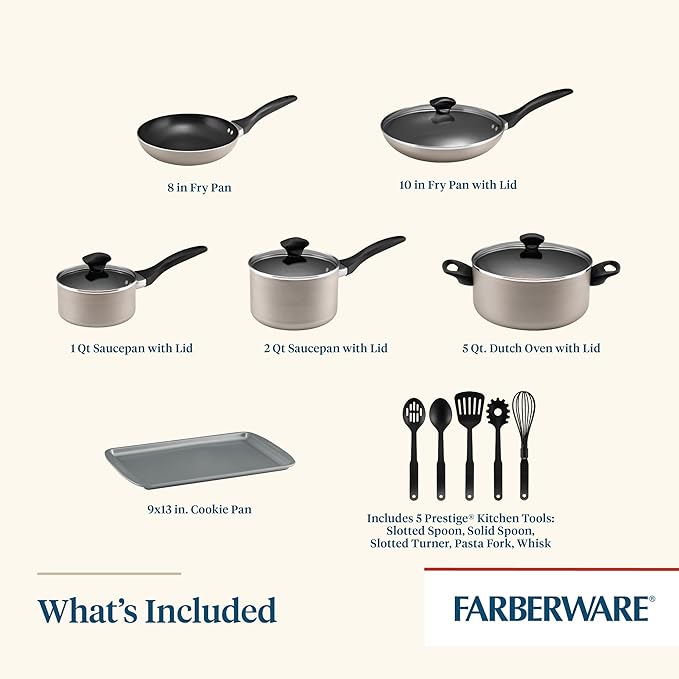 Farberware 21805 Dishwasher Safe Nonstick Cookware Pots and Pans Set, 15 Piece, Champagne