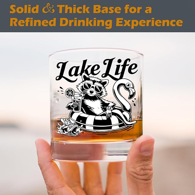 kunlisa Funny Lake Raccoon Whiskey Glasses, Funny Raccoon Gifts, Lake House Decor and Gift 10 oz Drinking Rocks Glasses for Women Men Whisky Cocktail Scotch Bourbon Liquor