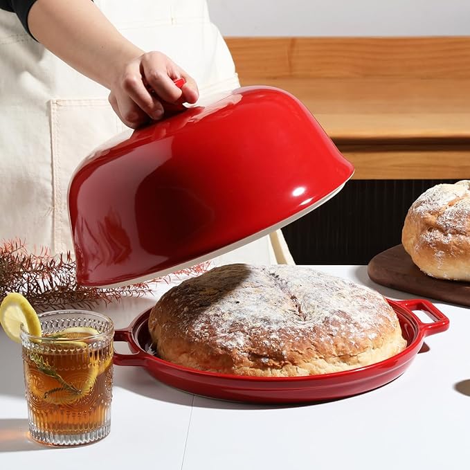 Sweejar Ceramic Bread Oven with Lid, Large Sourdough Bread Baking Pan with Handle, 5QT Porcelain Round Bread Cloche For Baking, Cooking, Roasting (Red)