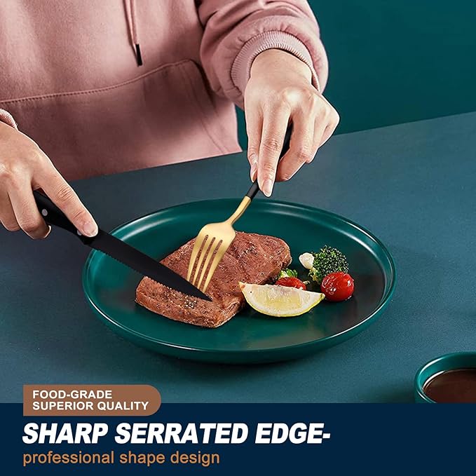 EUIRIO 48-Piece Matte Black&Gold Silverware Set with Steak Knives, Flatware Set for 8, Stainless Steel Forks and Spoons Silverware Sets, Cutlery Utensils Set, Satin Finish & Dishwasher Safe