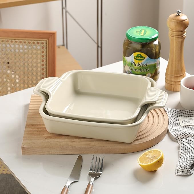 Sweejar Ceramic Baking Dish, 8 x 8 Cake Baking Pan for Brownie, Porcelain Square Bakeware with Double Handle for Casserole, Lasagna, Family Dinner (Beige)