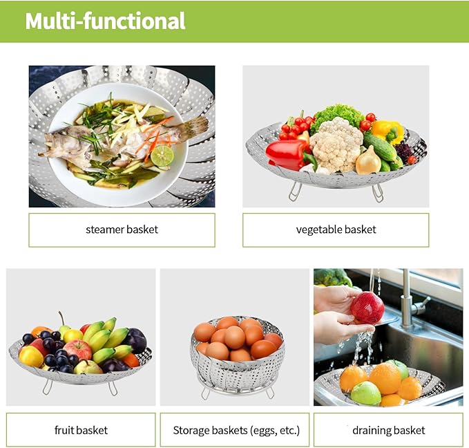 6-10.3" Expandable Steamer Basket for Cooking - 3rd Gen Stainless Steel Folding Steamer (Fits All 6"+ Pots), Fish Vegetables Pasta Eggs