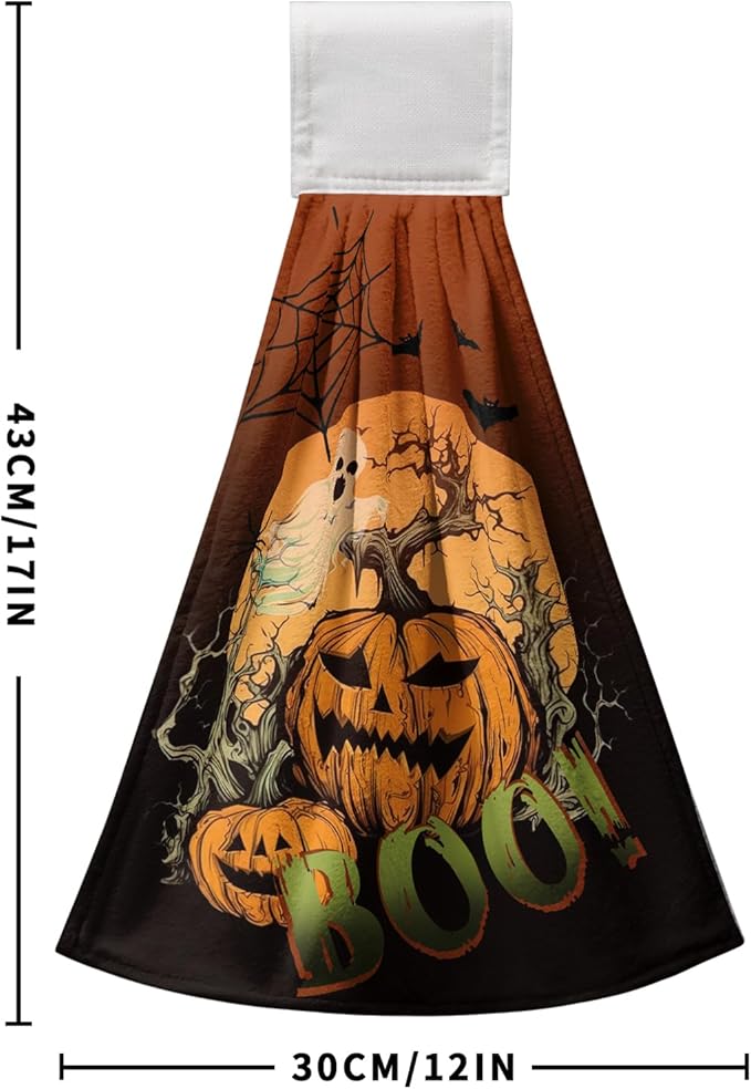 Halloween Boo Hanging Dish Towels Pumpkin Ghost Spooky Hand Towels with Hanging Loop Scary Moon Night Hanging Kitchen Towel Soft Absorbent Tea Towel for Halloween Home Bathroom Decor 2 Pcs