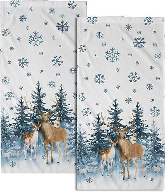 Imiss Blue Forest Deer Hand Towels Set of 2，Snowflake Reindeer Fingertip Towels Pine Tree Decorative Bathroom Towel 14.4 x 28.3 Inch for Winter Xmas Holiday Decor