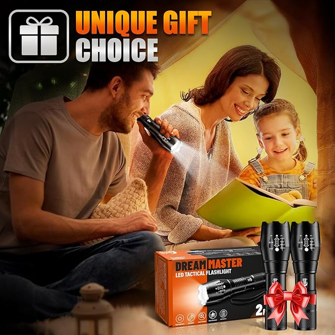 Dream Master 2 Pack LED Flashlights High Lumens with 6 AAA Batteries, 5 Modes Mini Waterproof Tactical Bright Flashlight for Camping Hiking, Stocking Stuffers & Christmas Gifts for Him, Men, Dad