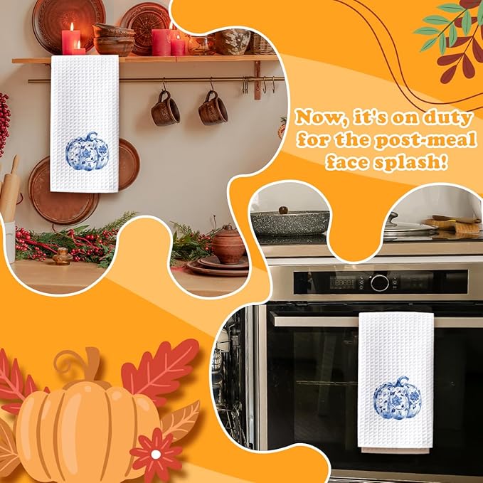 Fall Kitchen Towels Blue and White Pumpkin Kitchen Hand Towels, Chinoiserie Pumpkin Fall Decor Waffle Weave Dish Cloths 16x23.5 Inch, Farmhouse Autumn Thanksgiving Halloween Bathroom-C11