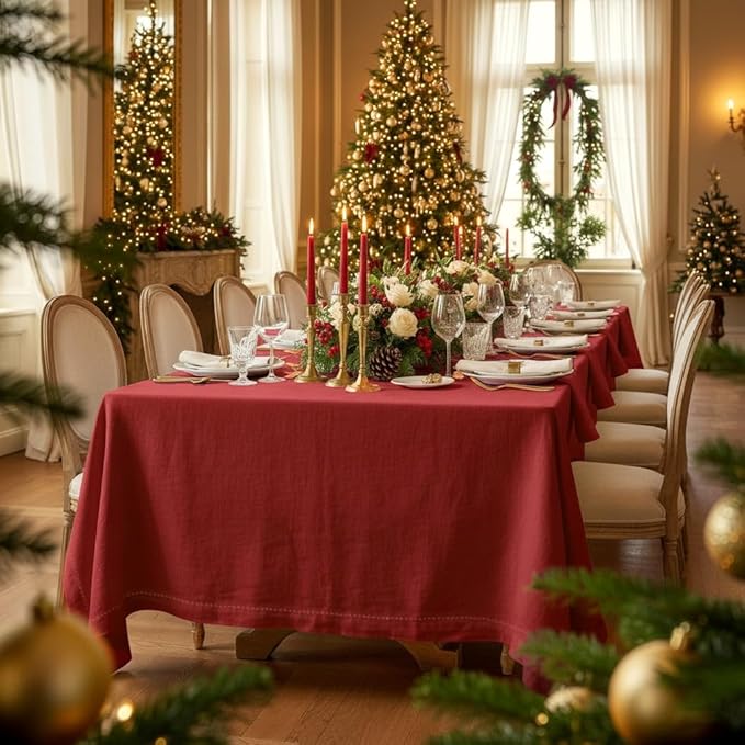 D'Moksha Homes Red Linen Tablecloth for Rectangle Tables 60 x 90 Inch - 100% Pure Linen Red Table Cloth - Classic Hemstitch, Machine Washable Tablecloth for Winter, Holiday, New Year