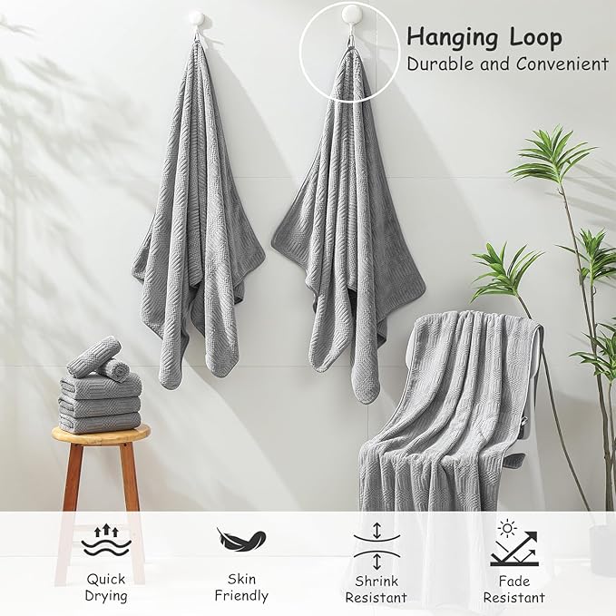 18 Pcs Gray Woven Family Towels Set-6 Bath Sheets,6 Hand Towels,6 Washcloths Soft Microfiber Towels Absorbent Shower Towel Quick Dry Beach Chair Towel Lint Less Towels Set for Bathroom Spa Gym Hotel