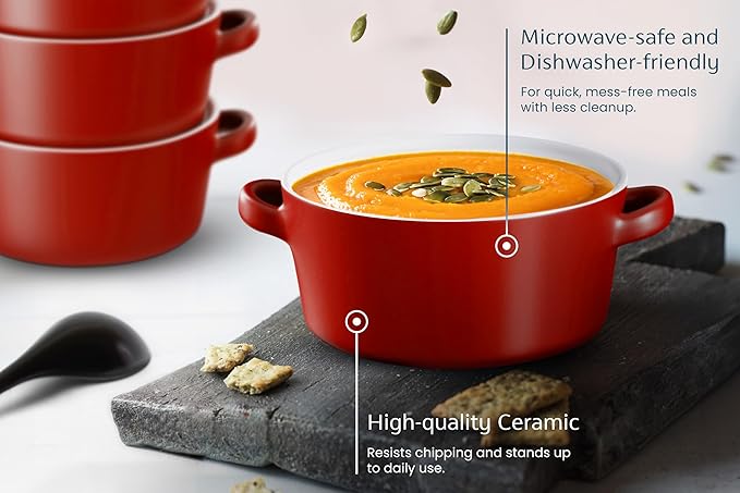 Kook Soup Crocks, Ceramic Stackable Bowls, Broil, Oven, Microwave and Dishwasher Safe, with Handles, For Casserole, Pasta, Cereal, Capacity 18 oz, Set of 4, (Matte Red)