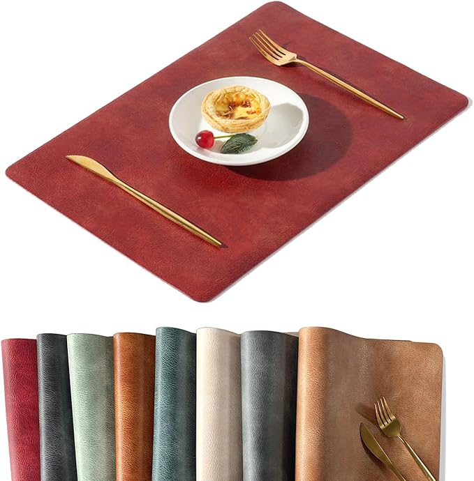 UnivoColors Washed Cowhide Pattern PU Leather Placemats Set of 8 Heat Resistant Kitchen Table Mats, Waterproof Wipeable for Party Decoration(Red)