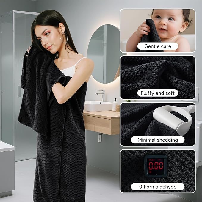 REDKISS 6-Piece Bath Towel Set - 2 Washcloths, 2 Hand Towels, 2 Bath Towels | Ultra-Fiber Coral Fleece, Super Absorbent, No Lint & No Fading | Perfect for Bathroom, Spa, Gym | Family & Adults-Black