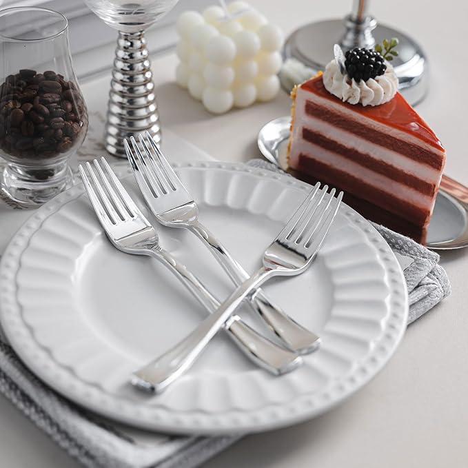 N9R 50PCS Silver Plastic Forks, Solid, Durable and Heavy Duty Disposable Silverware Forks, Perfect Plastic Utensils for Party, Wedding and Daily Use