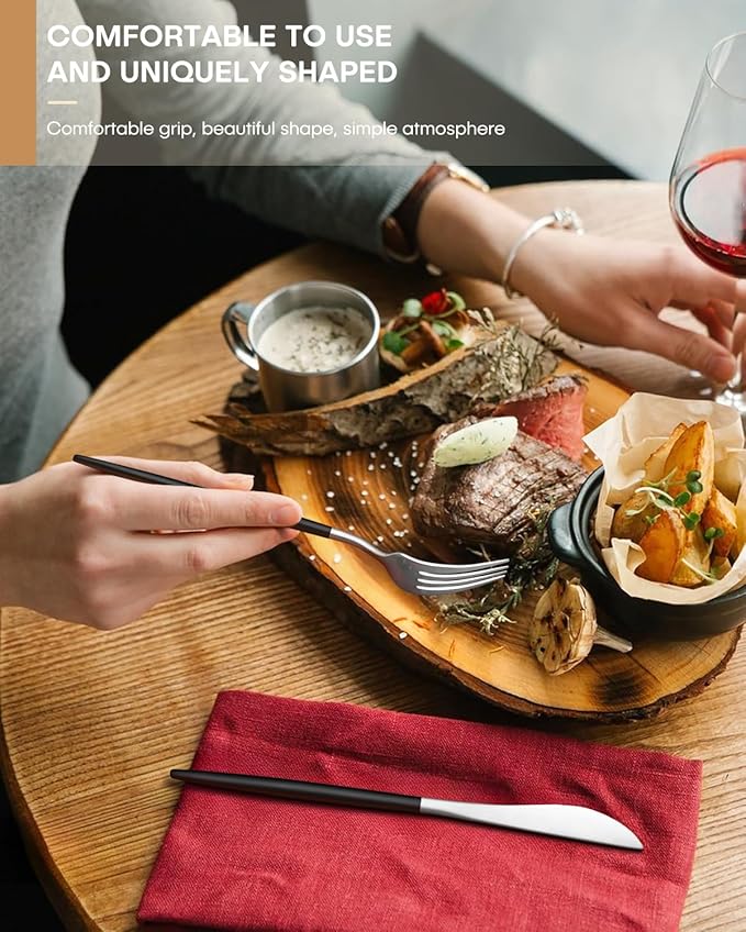 Silverware set for 6,Ollex 30-Piece Black and Silver Silverware Set include Knives Forks Spoons Matte Flatware Set Food-Grade Stainless Modern Utensil Cutlery Set with Stain Finished,Dishwasher Safe