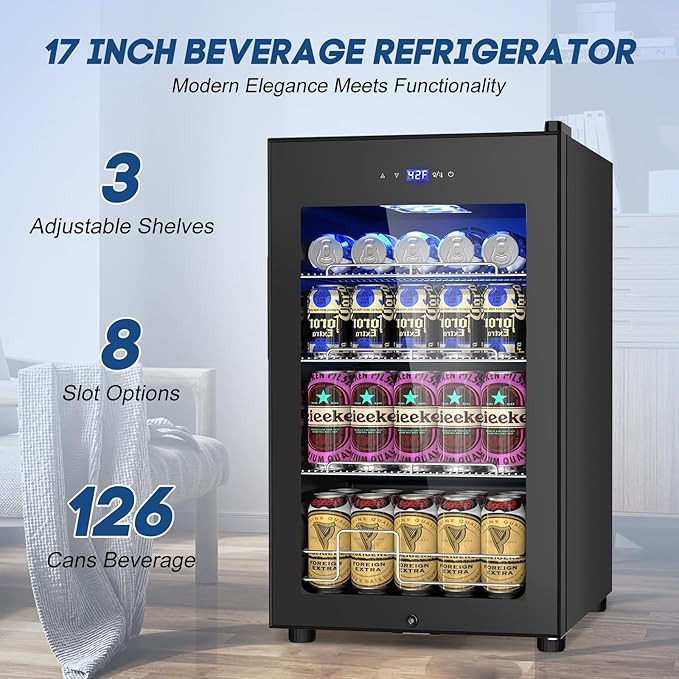 17Inch Beverage Refrigerator and Cooler Freestanding, 96 Cans Mini Fridge with glass door and Lock, Small Drink Fridge for Soda, Beer, Wine, For Home Bar Office with LED Light