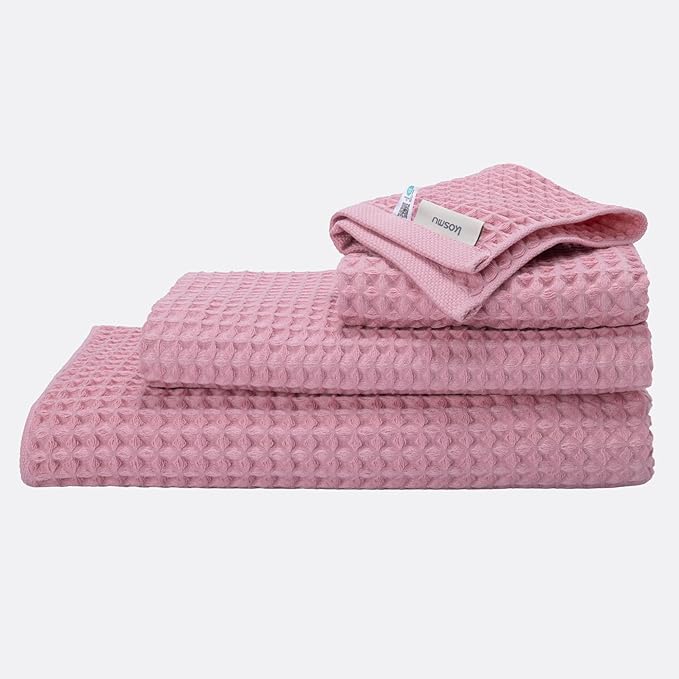 Luxury Organic Japanese Cotton Waffle Bath Towel | Thick, Absorbent, Quick Dry Bathroom Towels for Shower, Sauna, Onsen| Hotel & Spa Quality, Gift-Ready (Sakura Pink, Complete Set (4-Piece))