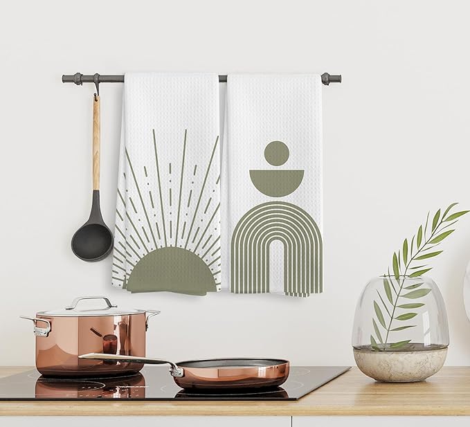 Boho Abstract Sage Green Sun Sunrise Sunshine Rainbow Geometric Shapes Kitchen Towels and Dishcloths Sets of 2,Boho Absorbent Drying Cloth Hand Towels Tea Towels for Bathroom Kitchen,16×24 inches