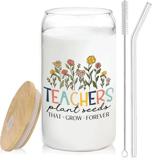 Floral Teacher Glass Cup with Lids and Straws 14oz, Thank You Teacher Gifts, Best Teachers Gifts for Women Glass Iced Coffee Tumbler Drinking Jars with Cleaning Brush