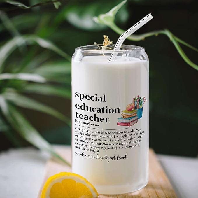 Special Education Teacher Glass Cup with Lids and Straws 14oz, SPED Teacher Appreciation Gifts, Teachers Gifts for Women Glass Iced Coffee Tumbler Drinking Jars with Cleaning Brush