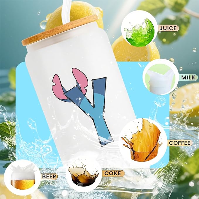 Cute Cartoon Lover Gifts Initial A-Z Personalized Iced Coffee Cup Cartoon Merch 16oz Glass Cup with Lid and Straws Birthday Christmas Gifts for Women Teen Girls Fans (Letter Y)