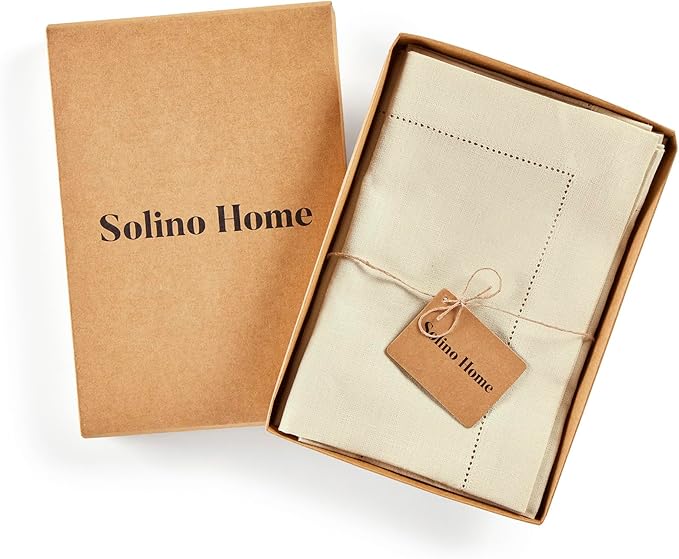 Solino Home Linen Cloth Napkins Set of 4-100% Pure Linen Creamy Ivory Dinner Napkins 20 x 20 Inch - Medium Weight Hemstitch, Handcrafted and Machine Washable