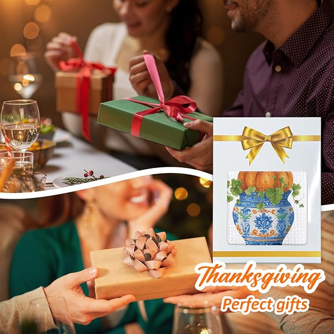 Chinoiserie Fall Pumpkin Hand Towels for Kitchen Decor,1PCS Blue and White Porcelain Thanksgiving Tea Dish Towel,Farmhouse Pumpkin Decor for Bathroom,Anthropology Autumn Gifts for Women-B04